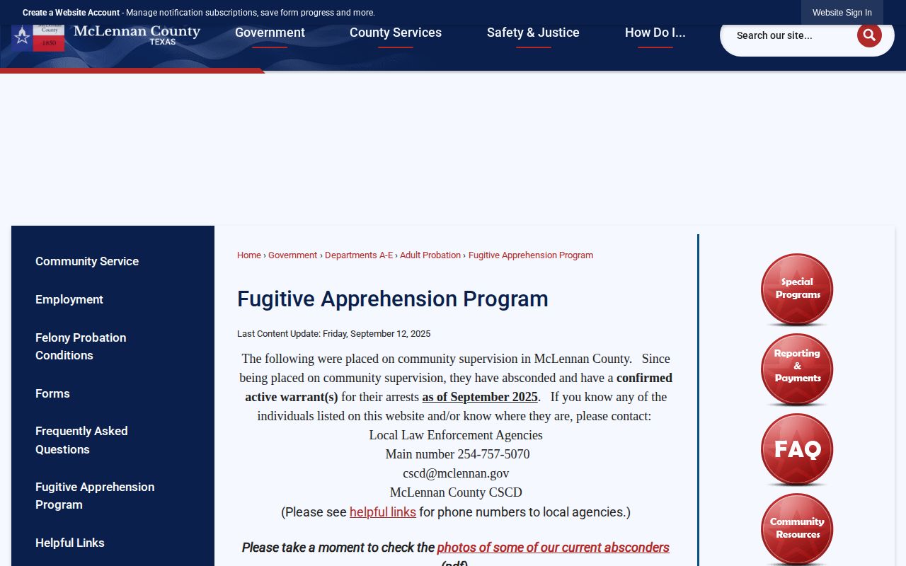 McLennan County CSCD dated absconder list and contact page